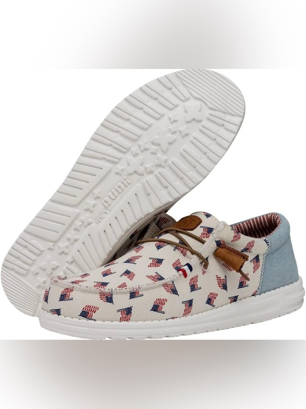 Hey Dude Men's Slip-On Boat Shoes in Cream Red White Blue America Flag Print 13